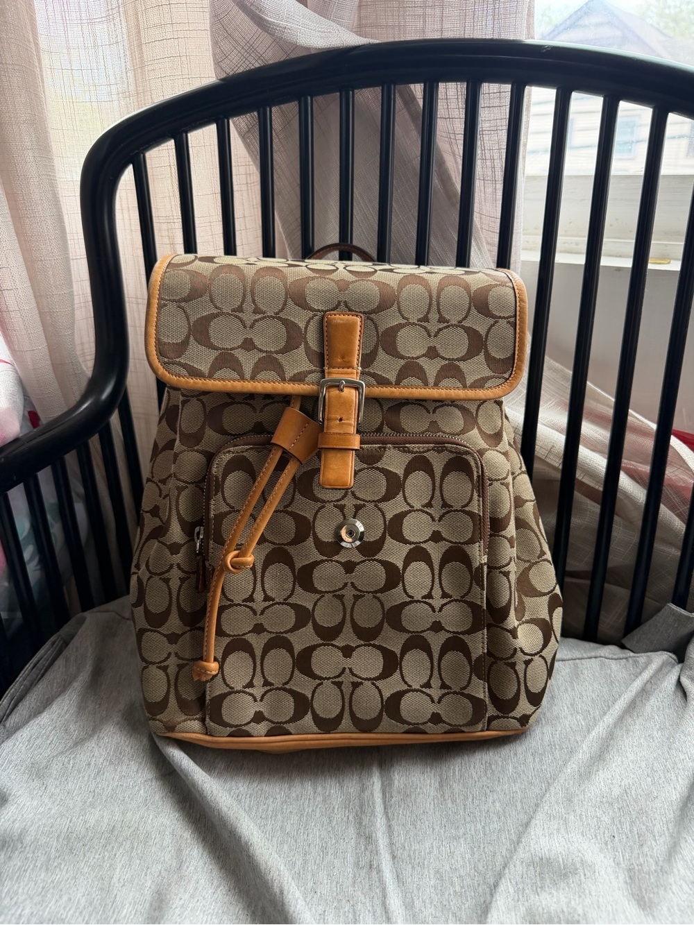 Coach Signature Canvas Backpack in Brown with Tan Leather Trim